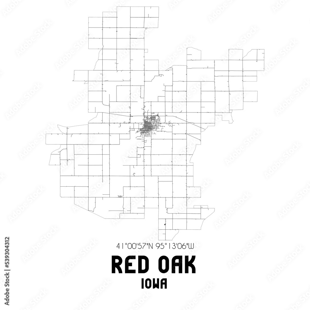 Red Oak Iowa. US street map with black and white lines.