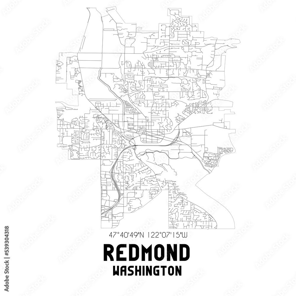 Redmond Washington. US street map with black and white lines.