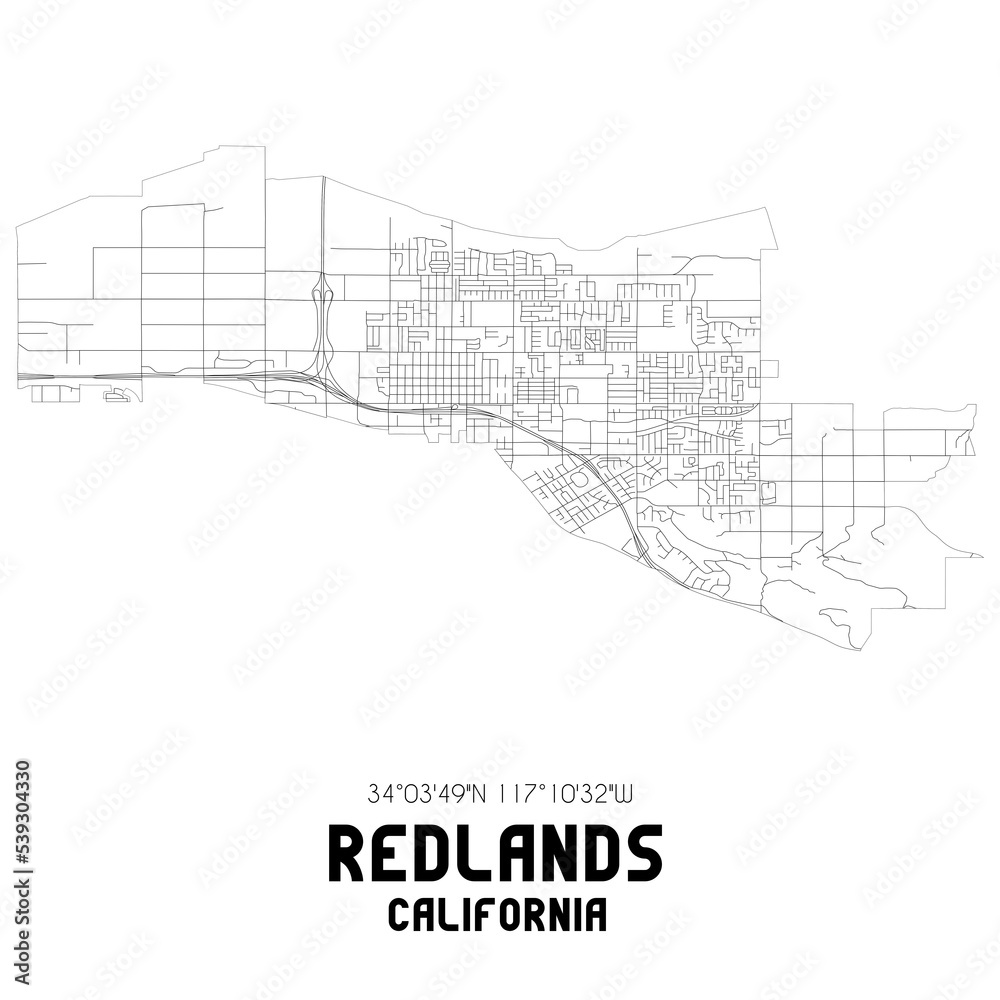 Redlands California. US street map with black and white lines.