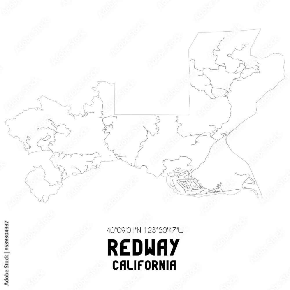 Redway California. US street map with black and white lines.