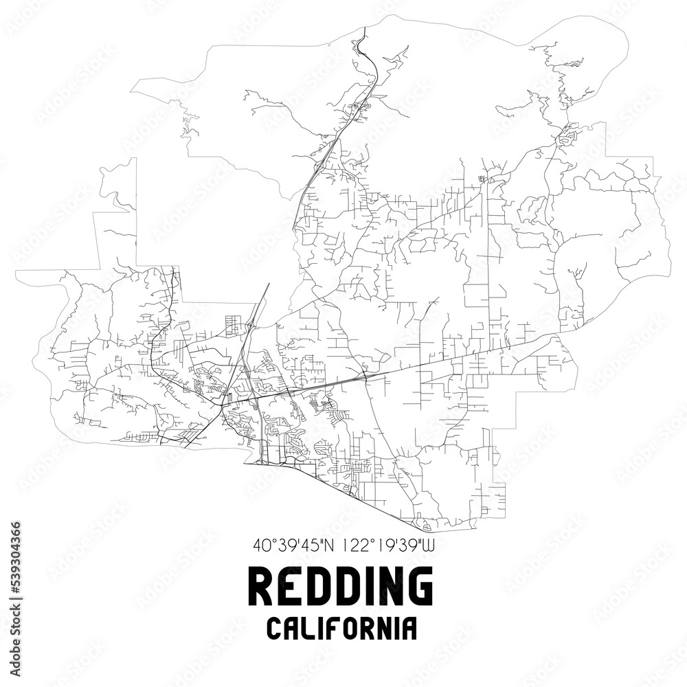 Redding California. US street map with black and white lines.