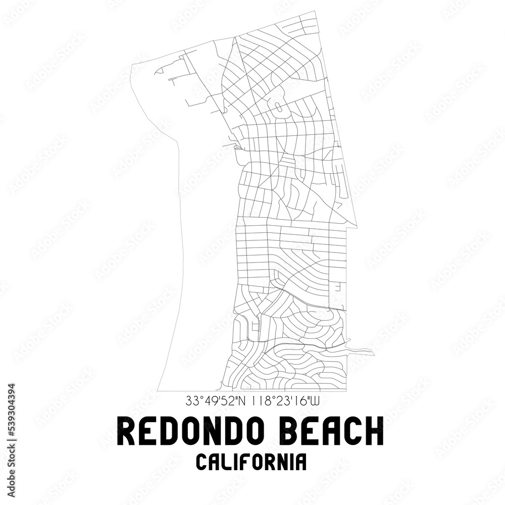 Redondo Beach California. US street map with black and white lines.