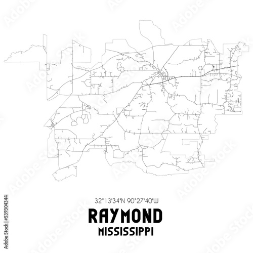 Raymond Mississippi. US street map with black and white lines.
