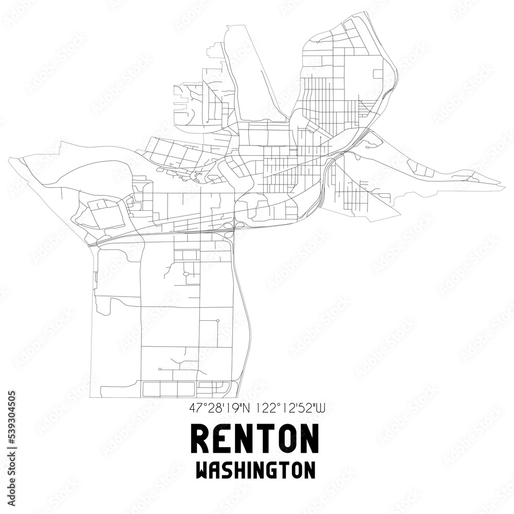 Renton Washington. US street map with black and white lines.