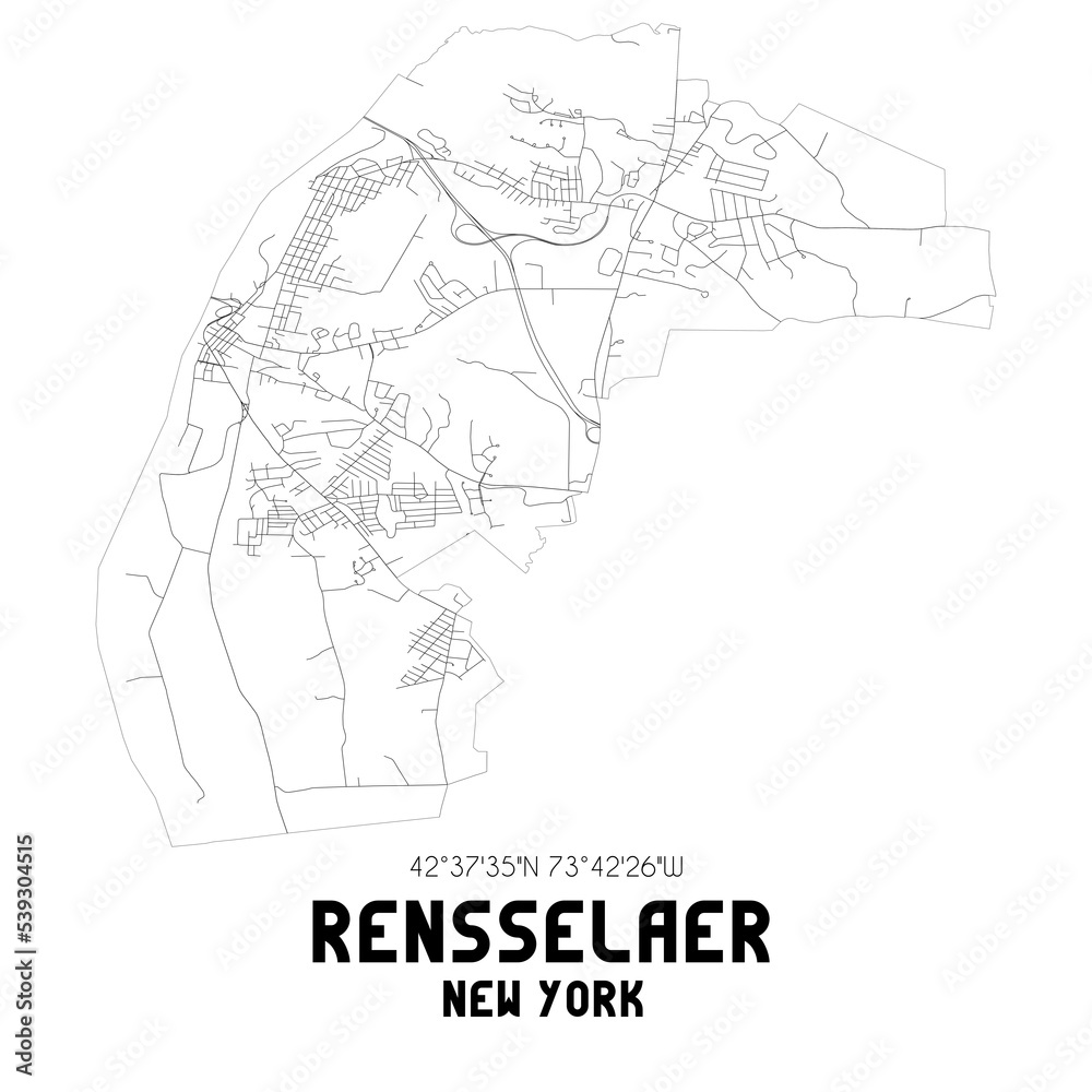 Rensselaer New York. US street map with black and white lines.