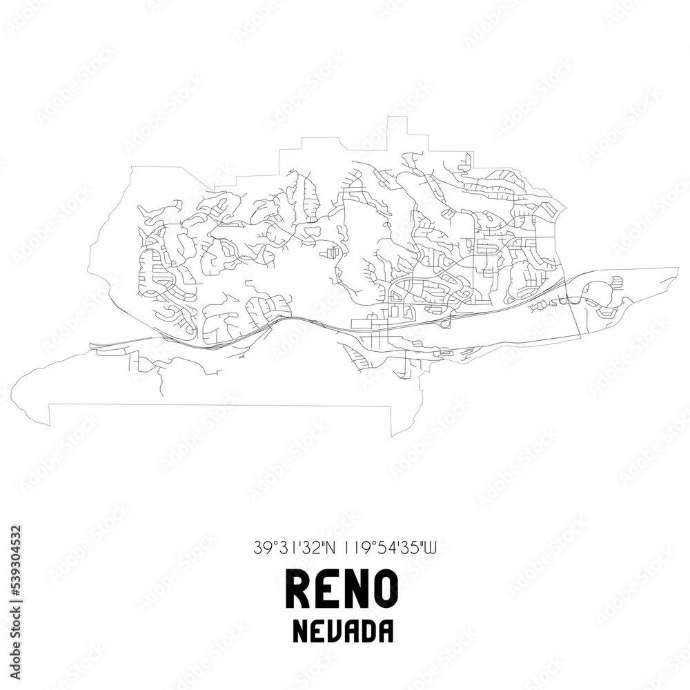 Reno Nevada. US street map with black and white lines.