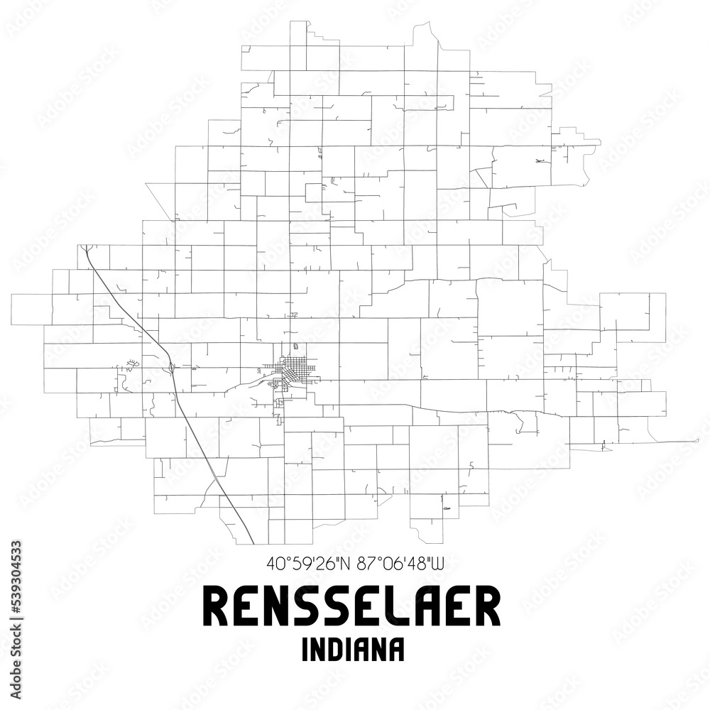 Rensselaer Indiana. US street map with black and white lines.