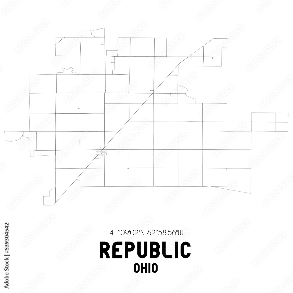 Republic Ohio. US street map with black and white lines.