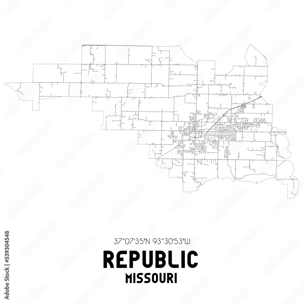 Republic Missouri. US street map with black and white lines.