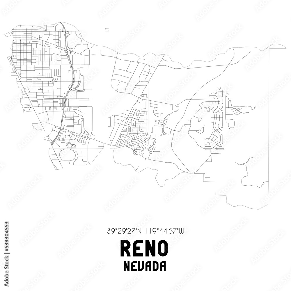 Reno Nevada. US street map with black and white lines.