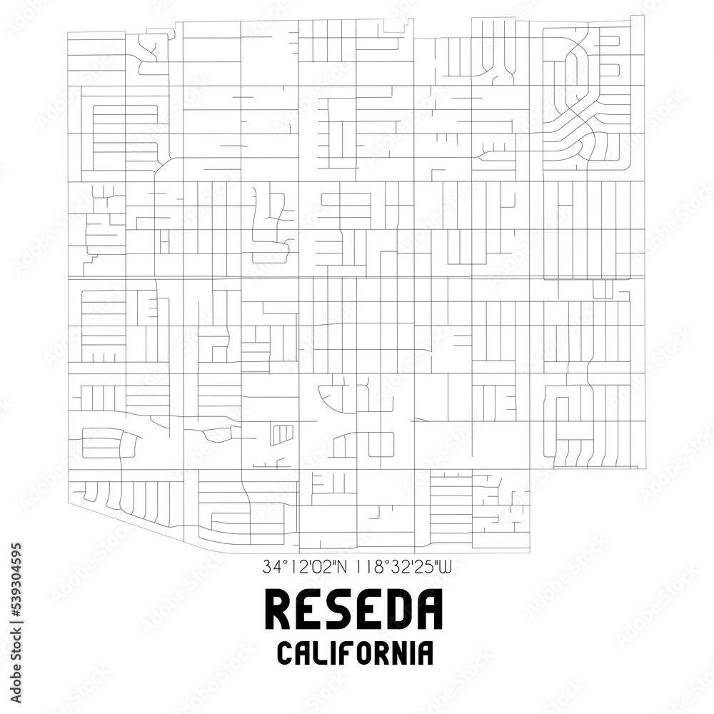 Reseda California. US street map with black and white lines.
