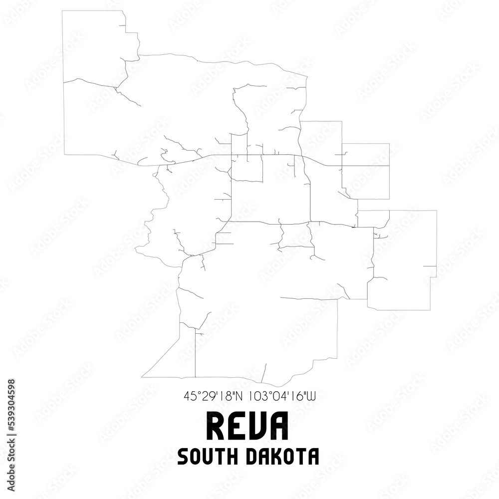Reva South Dakota. US street map with black and white lines.