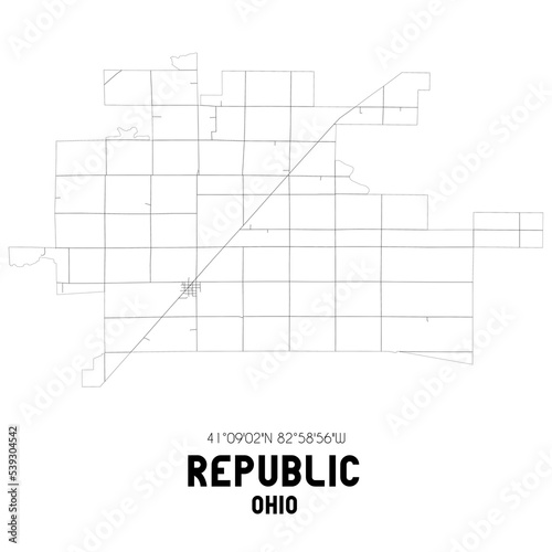 Republic Ohio. US street map with black and white lines.