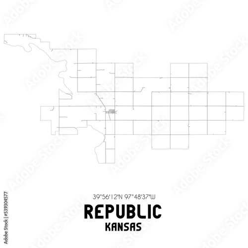 Republic Kansas. US street map with black and white lines.