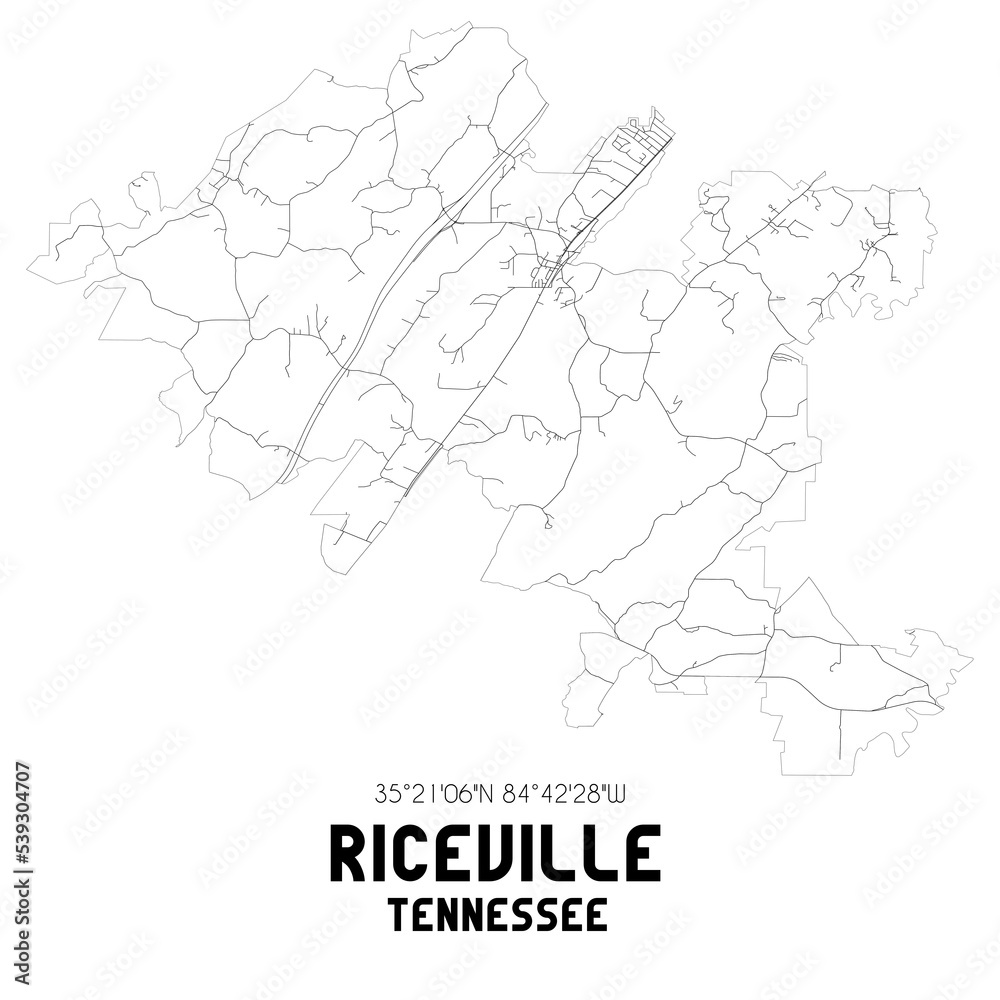 Riceville Tennessee. US street map with black and white lines.