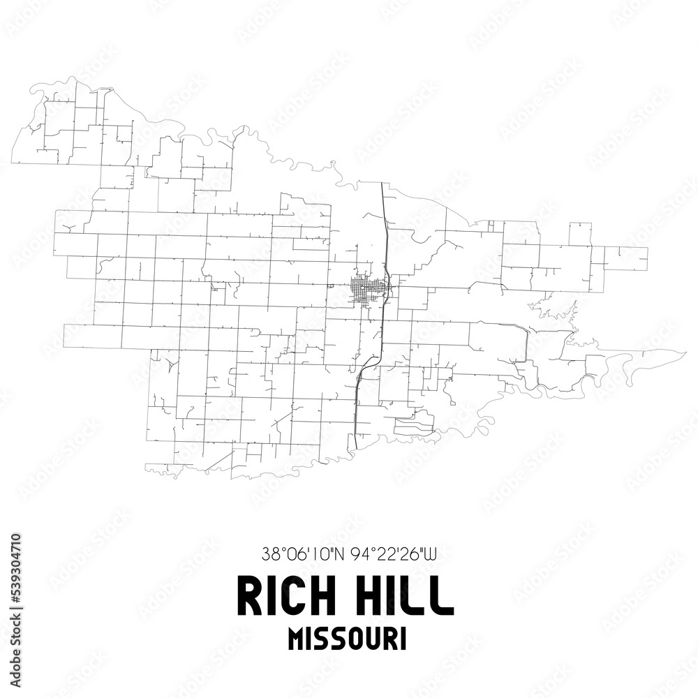 Rich Hill Missouri. US street map with black and white lines. Stock