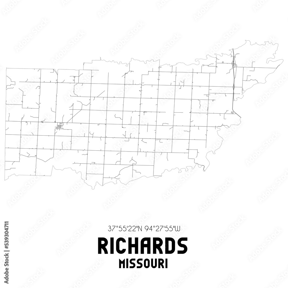 Richards Missouri. US street map with black and white lines.