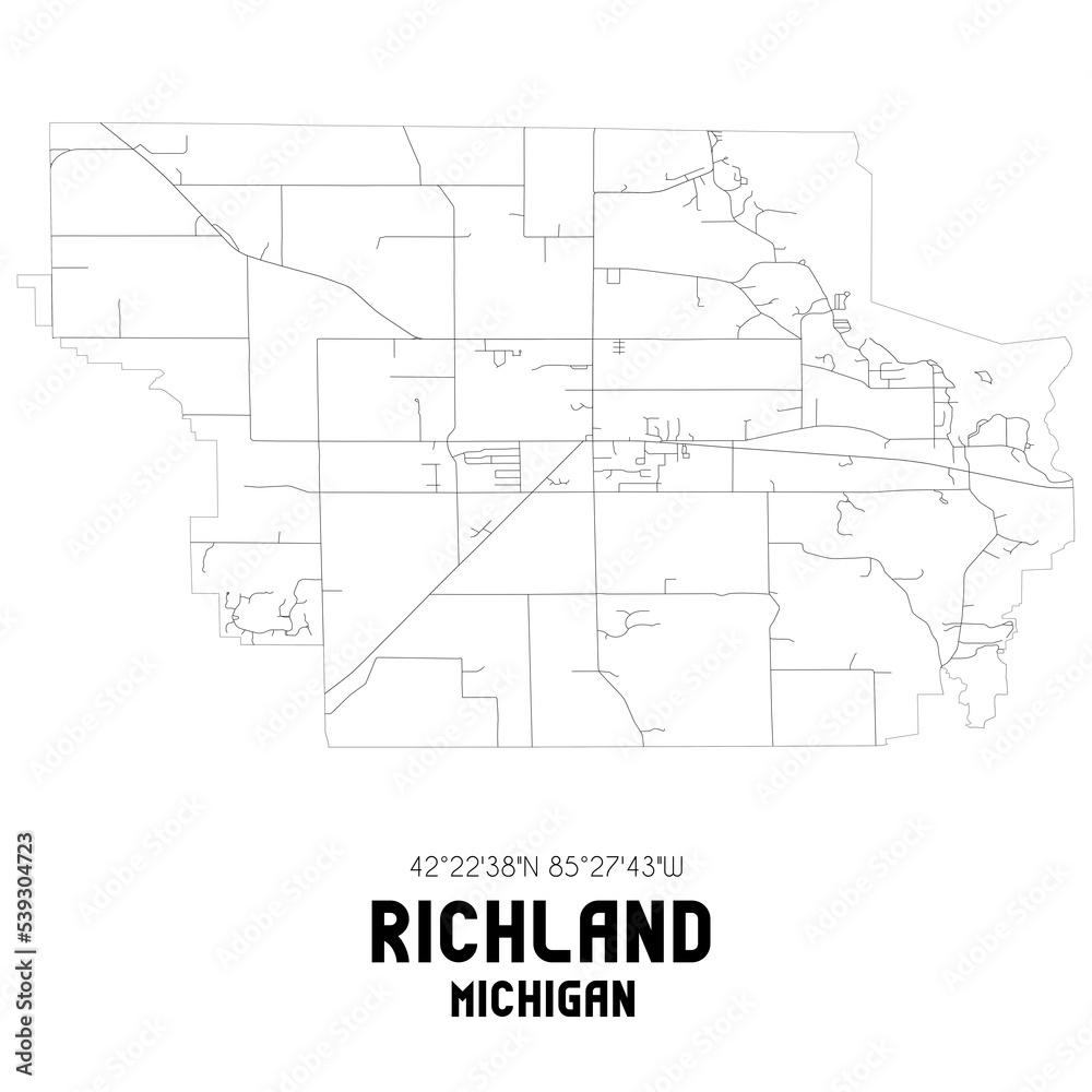 Richland Michigan. US street map with black and white lines.