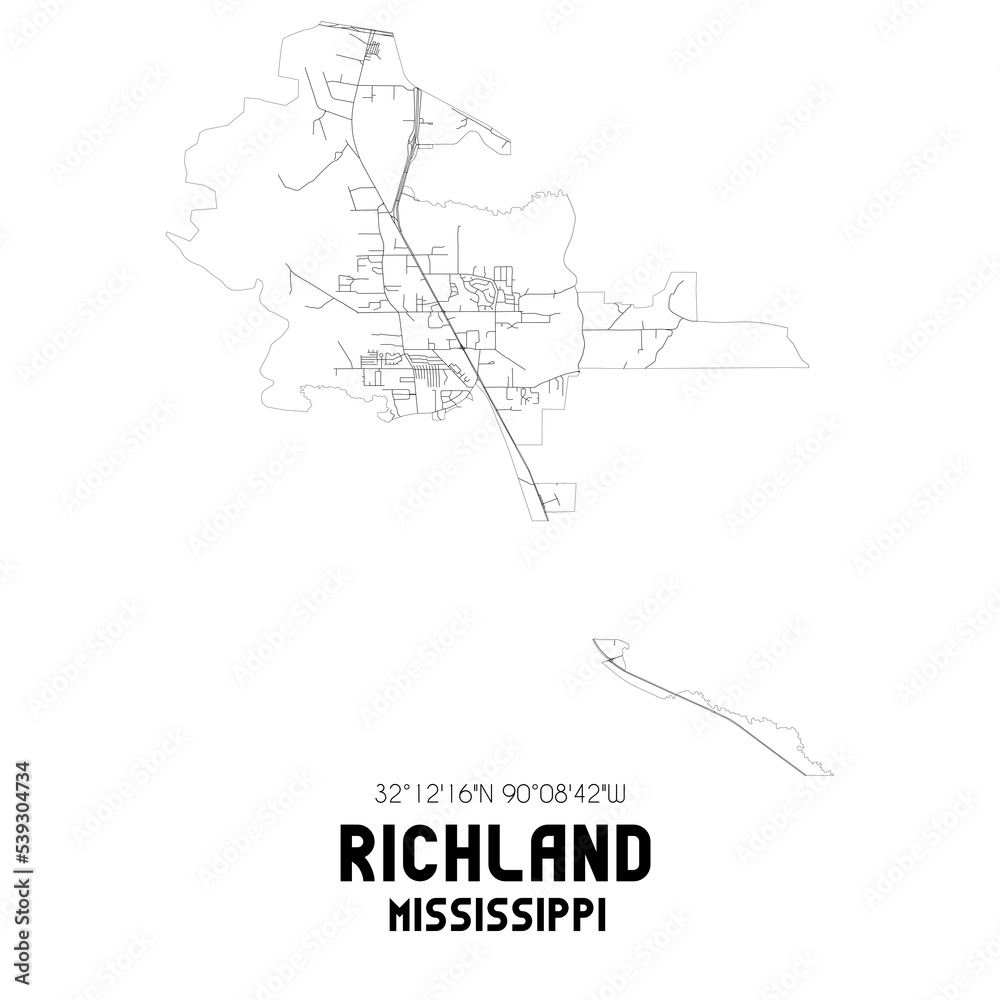 Richland Mississippi. US street map with black and white lines.