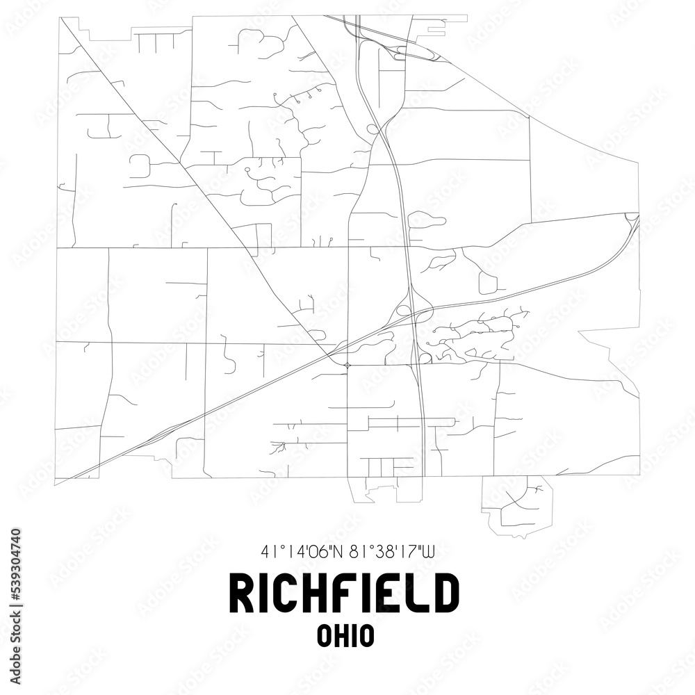 Richfield Ohio. US street map with black and white lines.