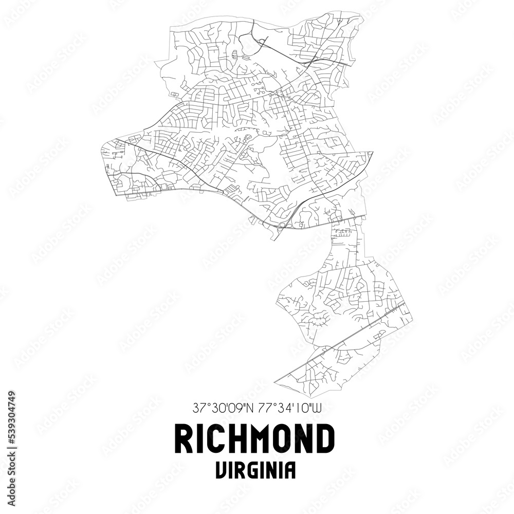 Richmond Virginia. US street map with black and white lines.