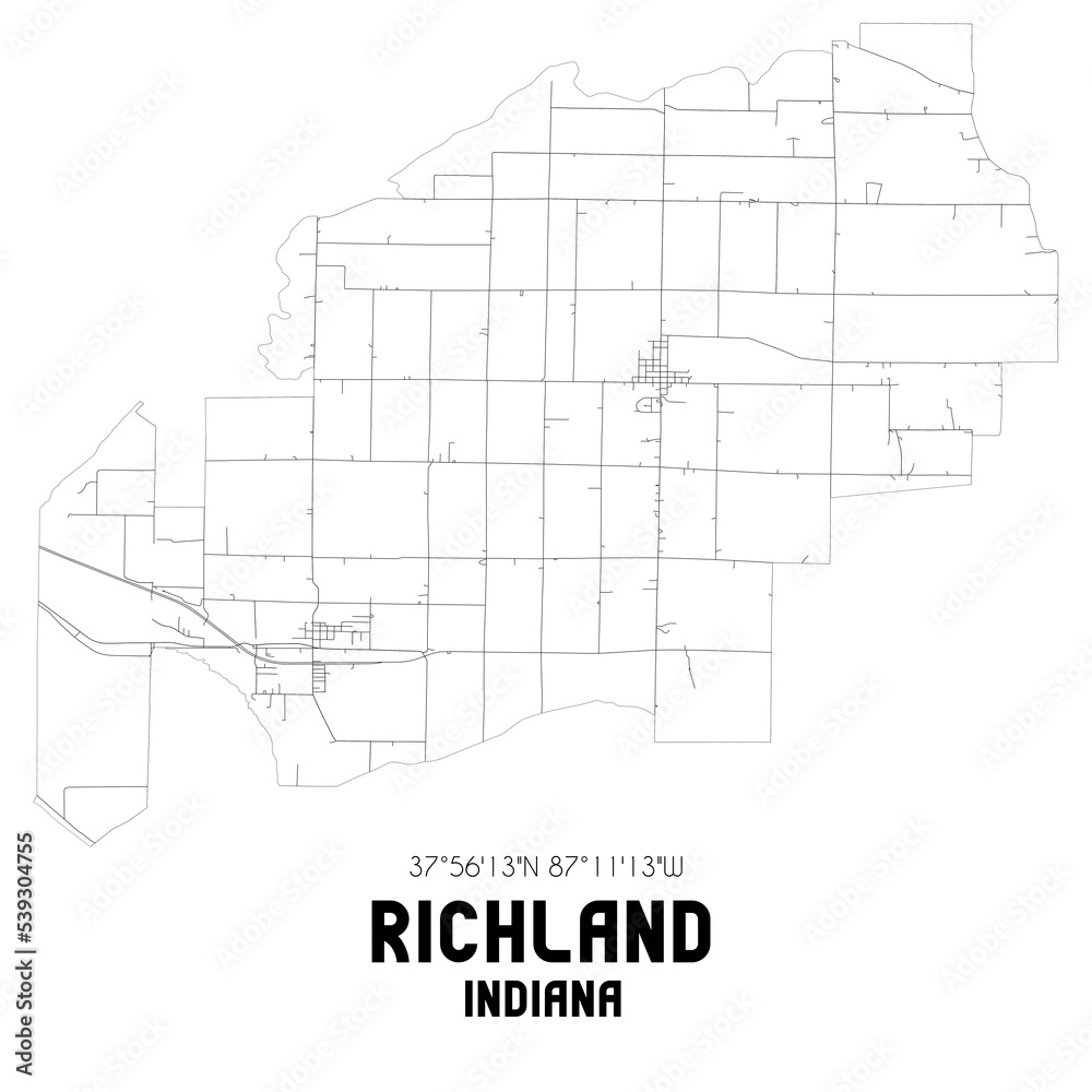 Richland Indiana. US street map with black and white lines.