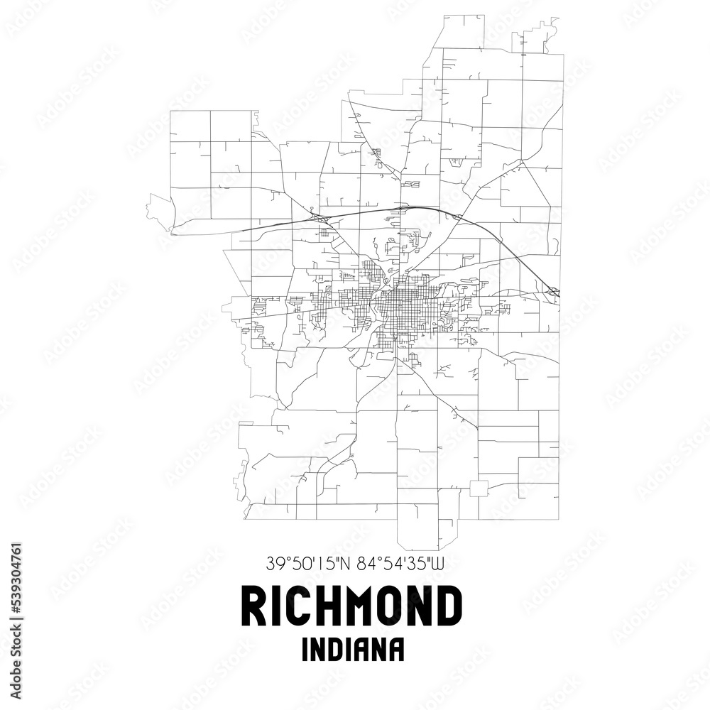 Richmond Indiana. US street map with black and white lines.