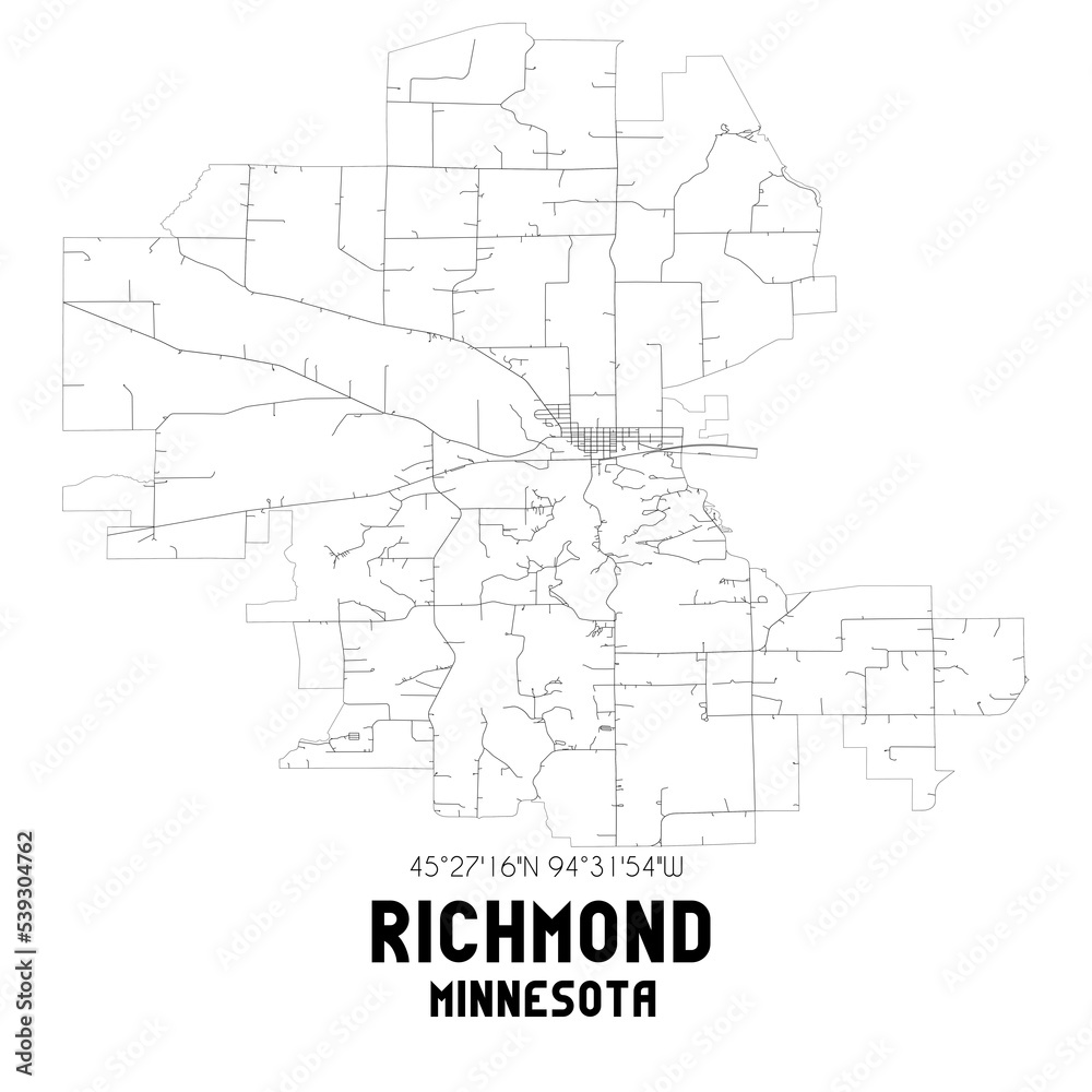 Richmond Minnesota. US street map with black and white lines.