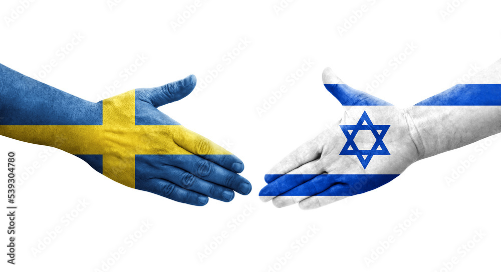 Handshake between Israel and Sweden flags painted on hands, isolated transparent image. Handshake between Israel and Sweden flags painted on hands, isolated transparent image.