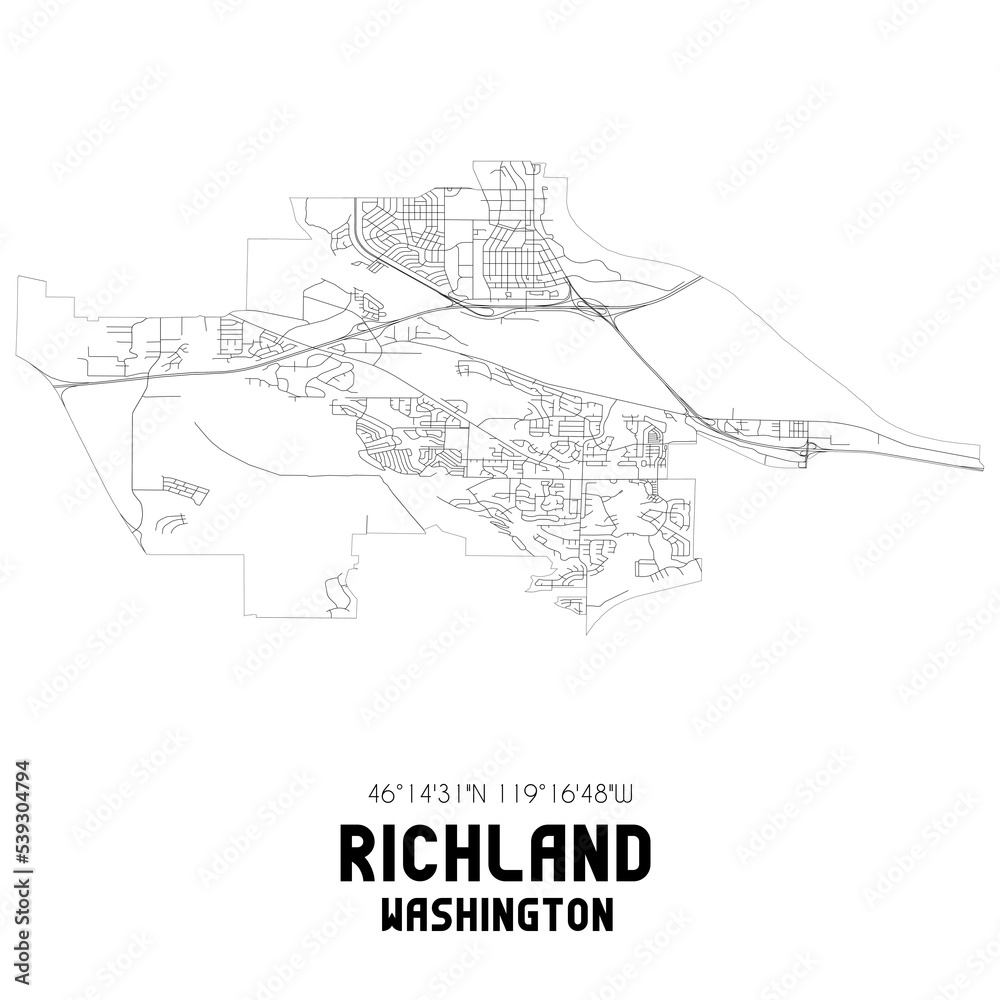Richland Washington. US street map with black and white lines.