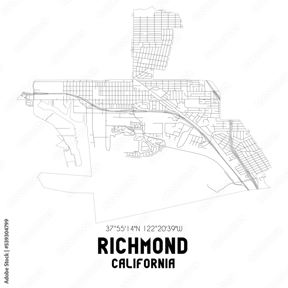 Richmond California. US street map with black and white lines.