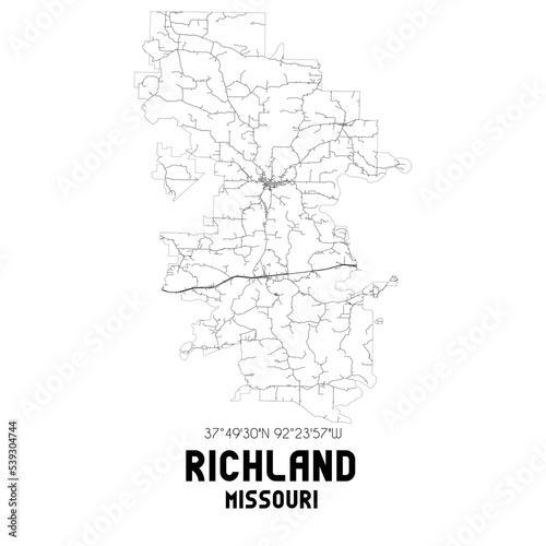 Richland Missouri. US street map with black and white lines.