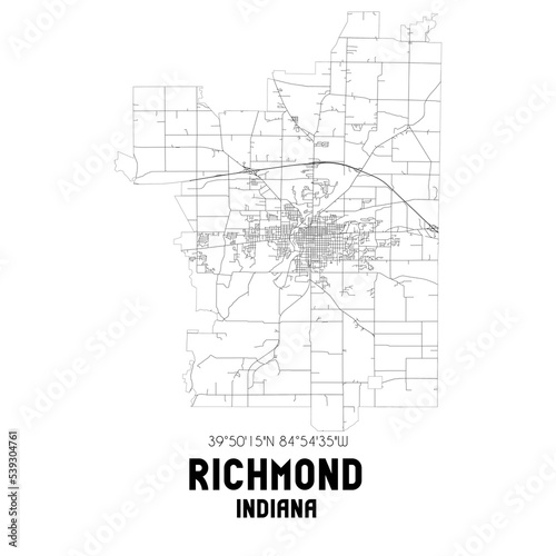 Richmond Indiana. US street map with black and white lines.