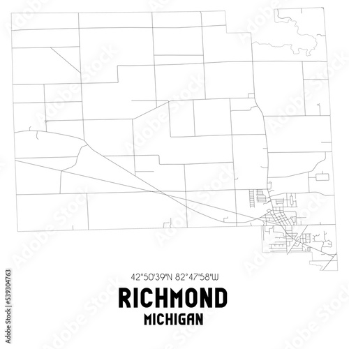 Richmond Michigan. US street map with black and white lines.