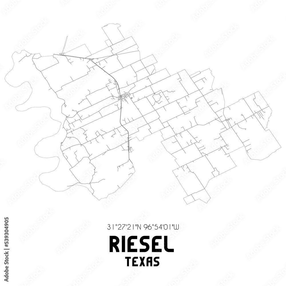 Riesel Texas. US street map with black and white lines.