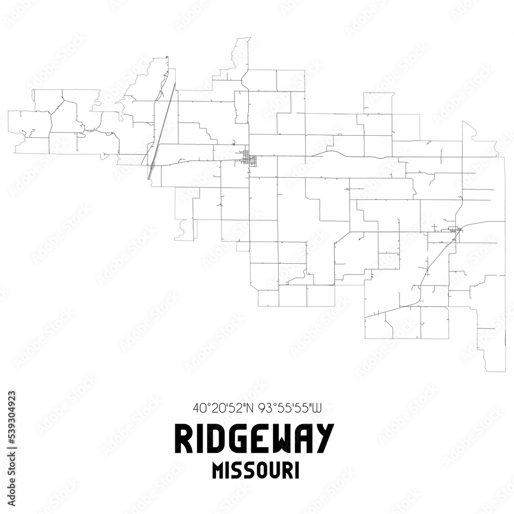 Ridgeway Missouri. US street map with black and white lines.