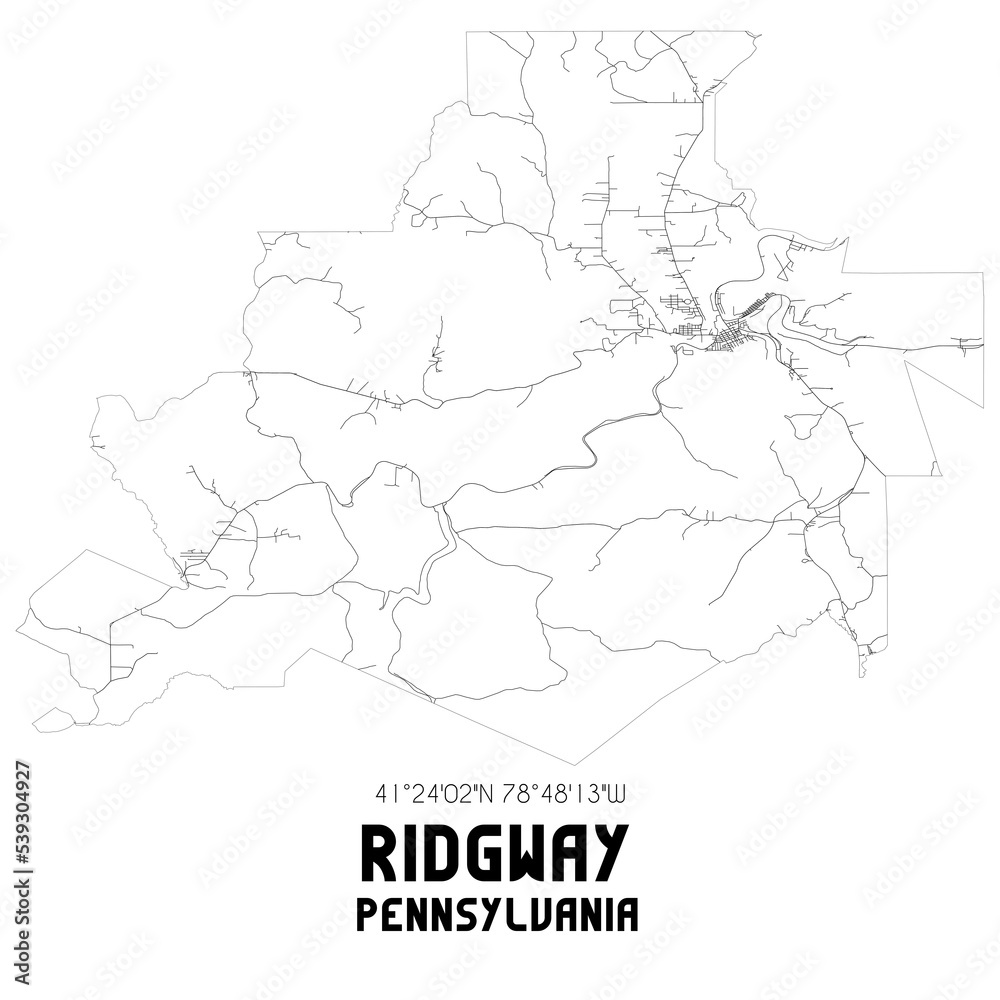 Ridgway Pennsylvania. US street map with black and white lines.