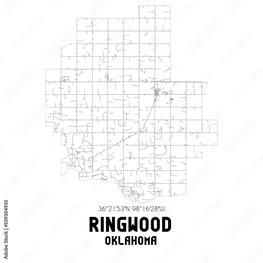 Ringwood Oklahoma. US street map with black and white lines.