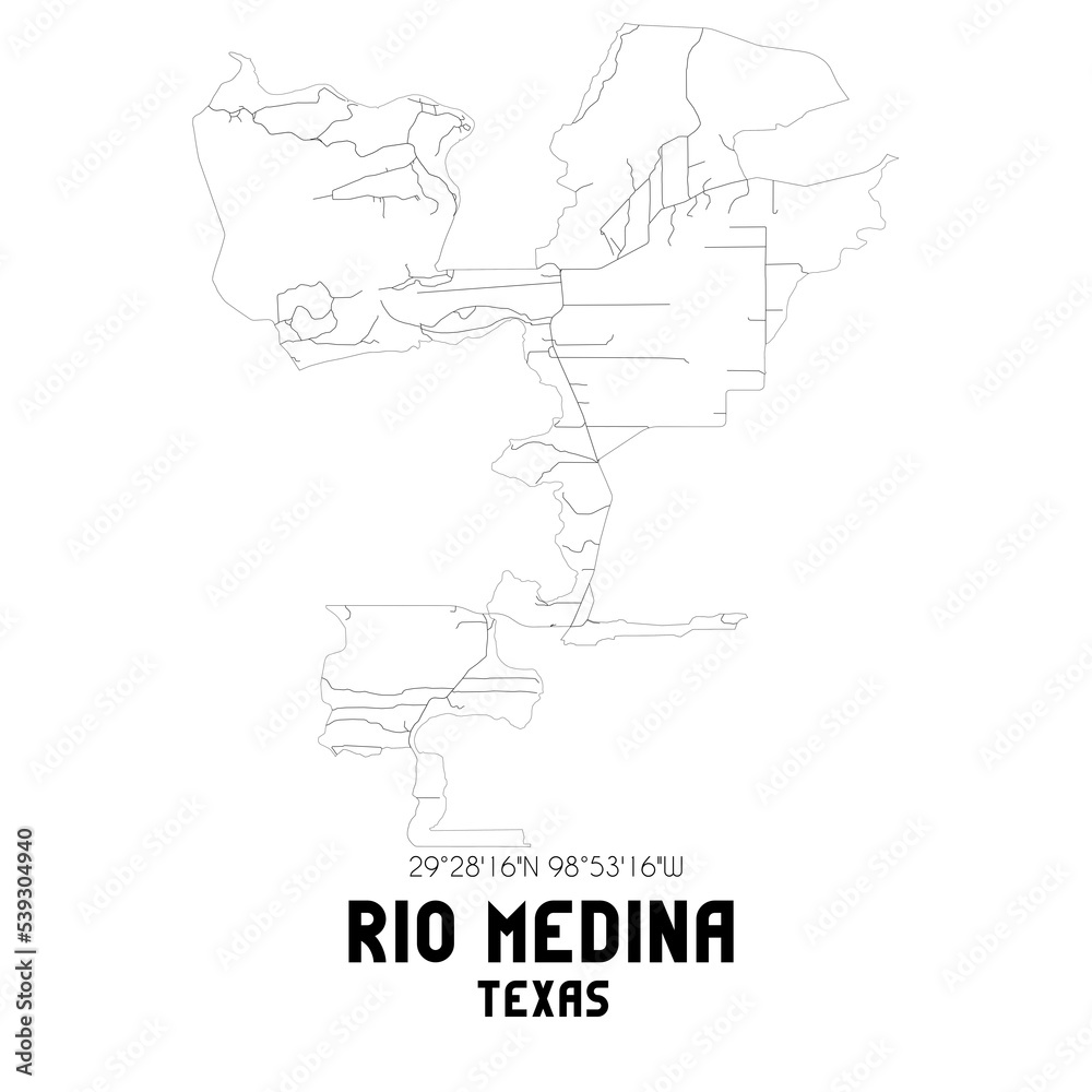 Rio Medina Texas. US street map with black and white lines.