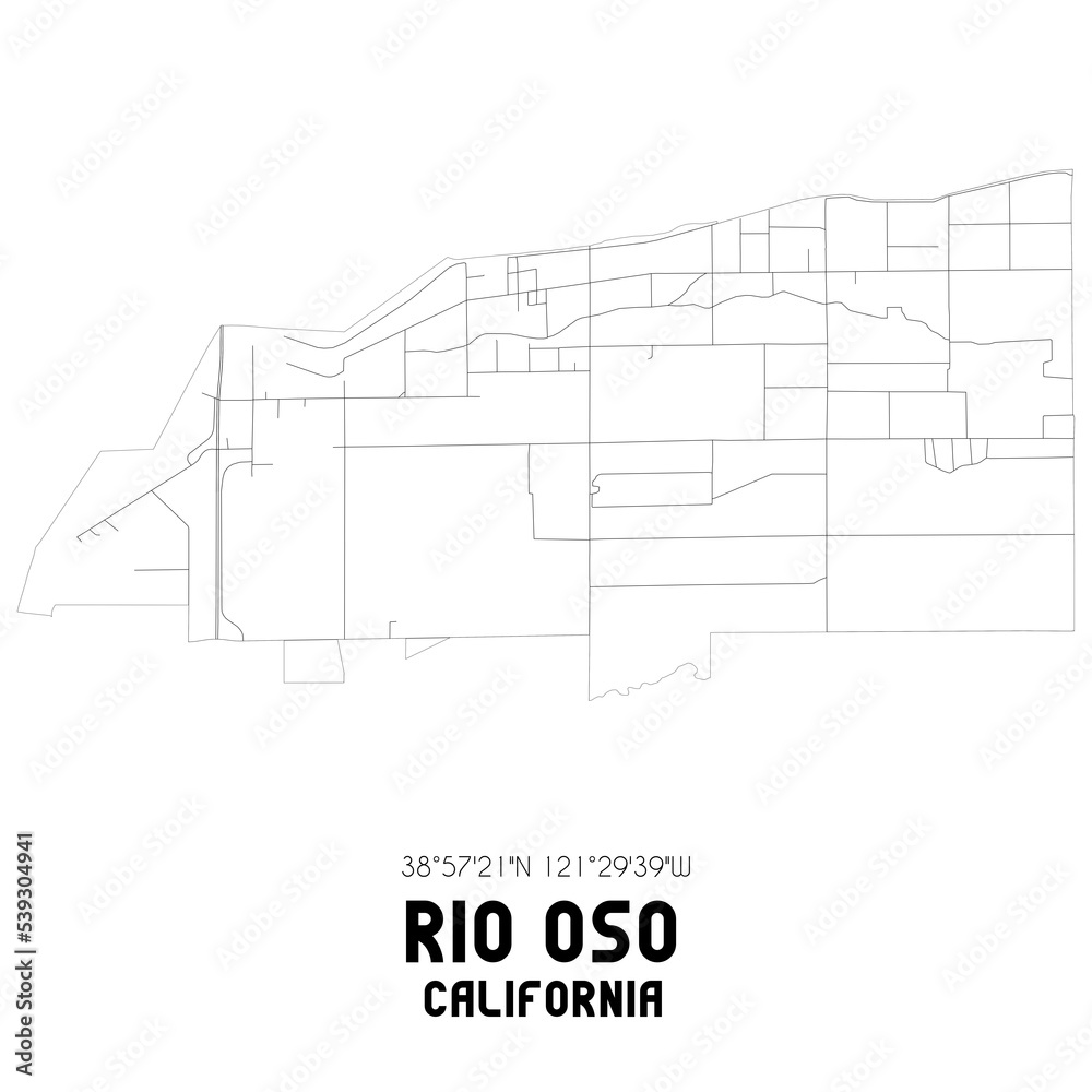 Rio Oso California. US street map with black and white lines.