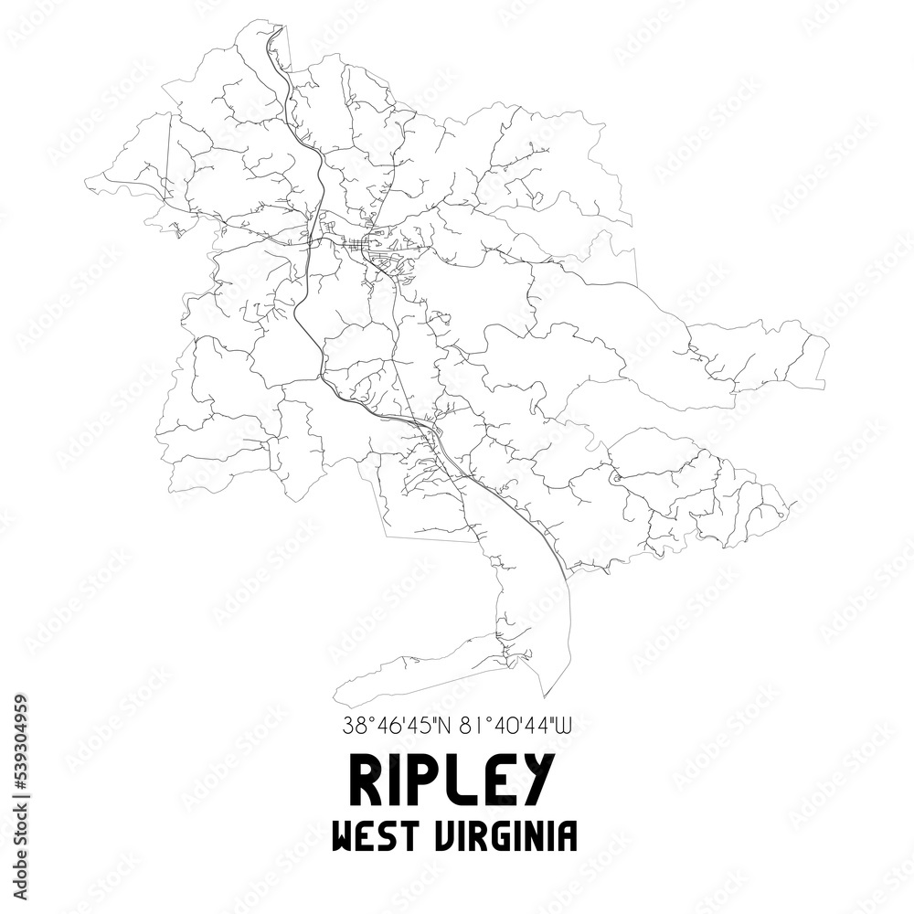 Ripley West Virginia. US street map with black and white lines.