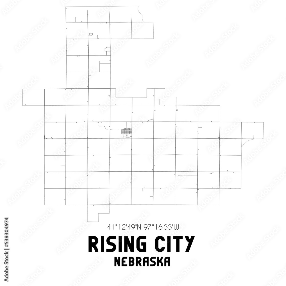 Rising City Nebraska. US street map with black and white lines.