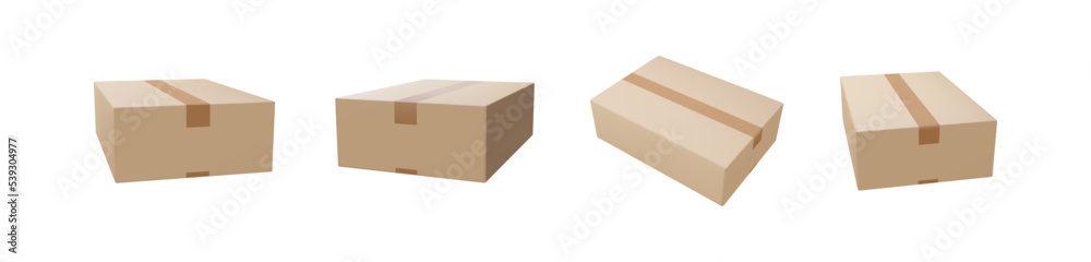 Cardboard or carton realistic delivery boxes with scotch tape and labels.