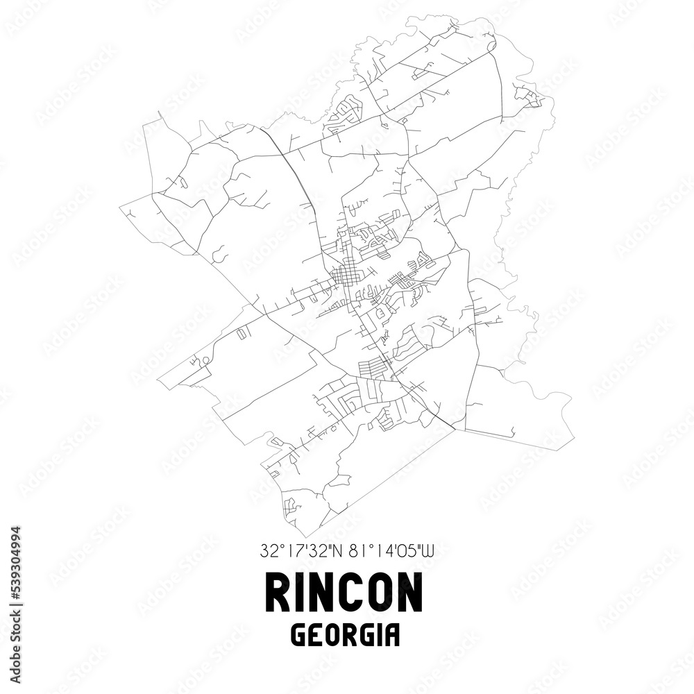 Rincon Georgia. US street map with black and white lines.
