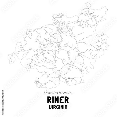 Riner Virginia. US street map with black and white lines.