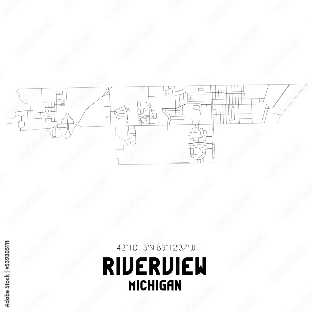 Riverview Michigan. US street map with black and white lines. Stock