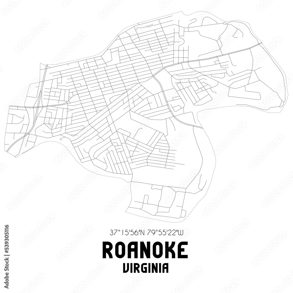 Roanoke Virginia. US street map with black and white lines.