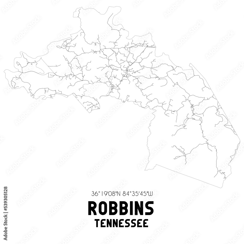 Robbins Tennessee. US street map with black and white lines.