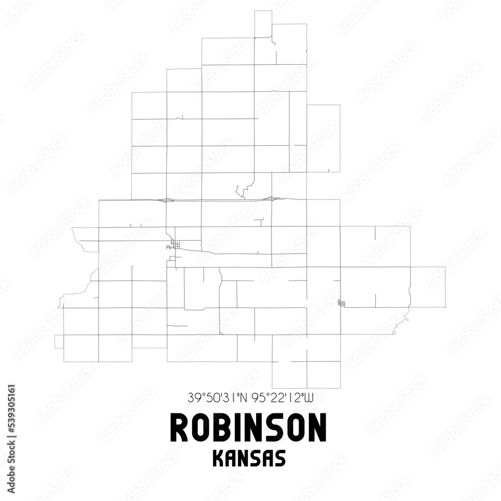 Robinson Kansas. US street map with black and white lines.