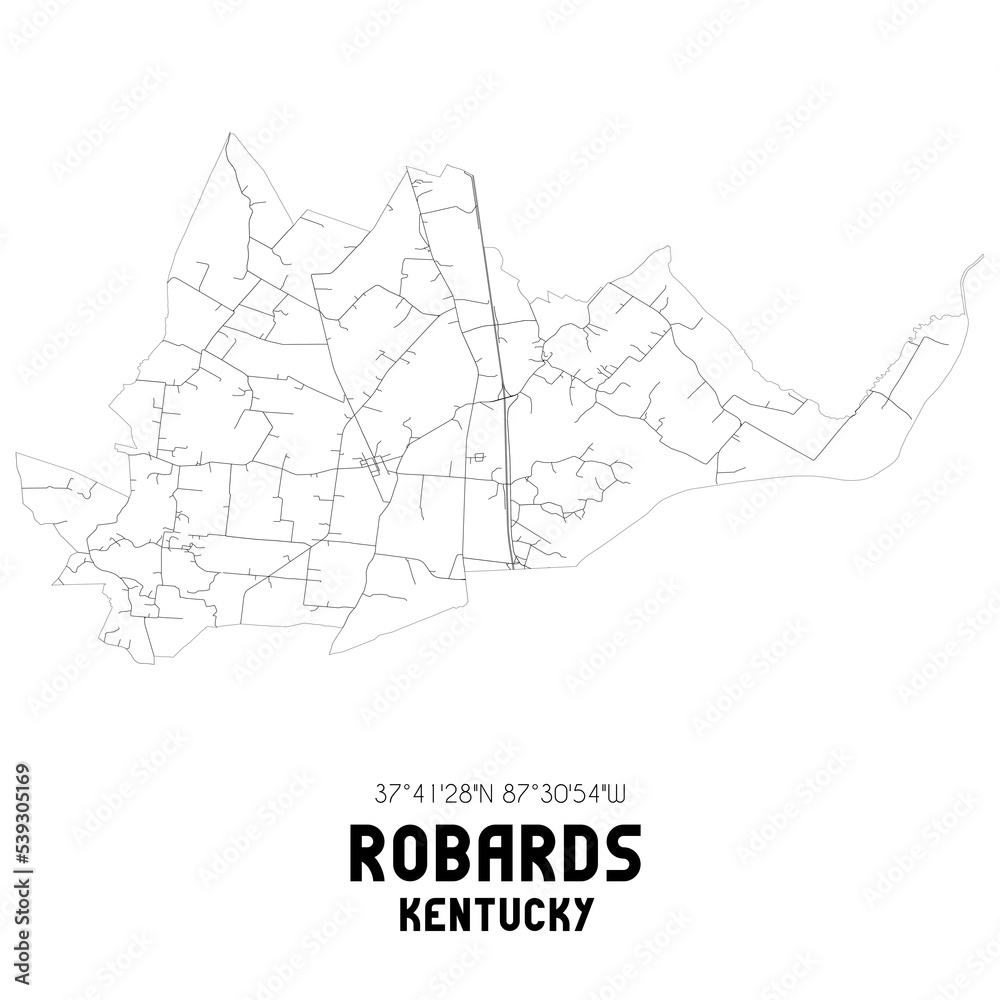 Robards Kentucky. US street map with black and white lines.